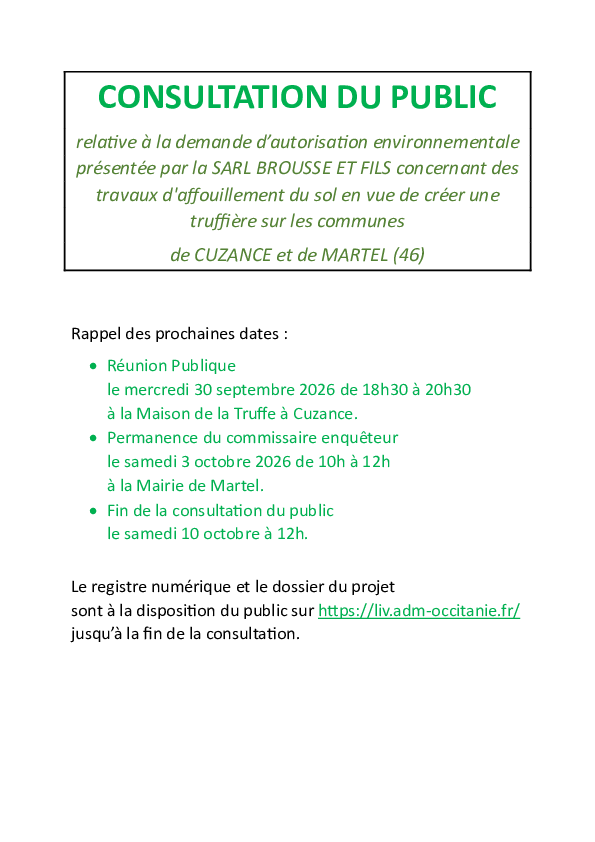 Consultation du public pour la création d'une truffière à Cuzances. Permanence le 03 10 2026 à la mairie de Martelà 