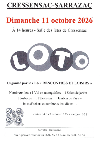 Affiche pour le loto de l'association Rencontre et Loisirs le 11 octobre 2026