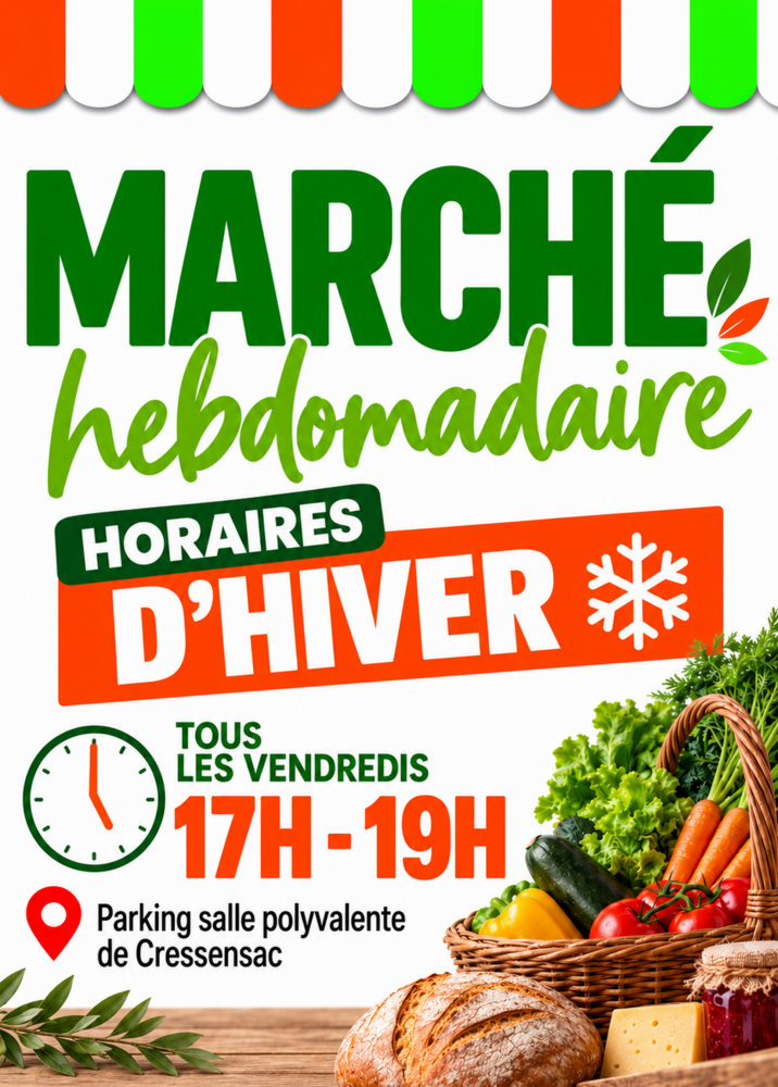 Affiche pour les horaires d'hiver du Marché de Cressensac-Sarrazac, de 17 heures à 19 heures, parcking de la salle polyvalente de Cressensac