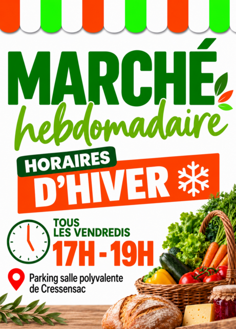 Affiche pour les horaires d'hiver du Marché de Cressensac-Sarrazac, de 17 heures à 19 heures, parcking de la salle polyvalente de Cressensac