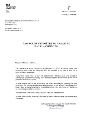 Lettre avis de passage géomètre pour la mise à jour du cadastre