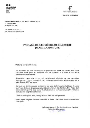 Lettre avis de passage géomètre pour la mise à jour du cadastre