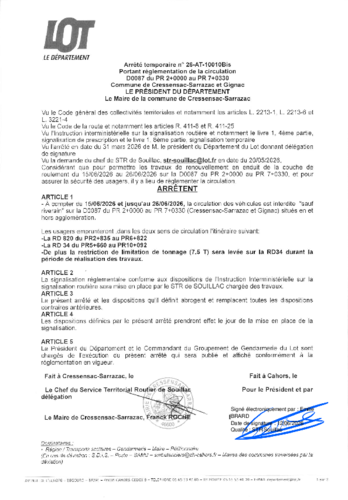 Arrêté interdisant la circulation sur la D 87 entre Gignac et Cressensac du 15 juin au 26 juin 2026