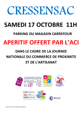 Affiche pour un apéritif offert par l'ACI samedi 17 octobre à 11 heures, sur le parking du magasin Carrefour, dans le cadre de la journée nationale des commerces de proximité