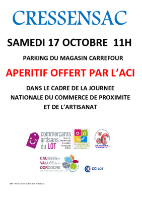 Affiche pour un apéritif offert par l'ACI samedi 17 octobre à 11 heures, sur le parking du magasin Carrefour, dans le cadre de la journée nationale des commerces de proximité