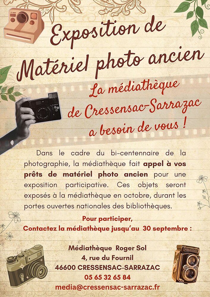 Affiche pour une demande de matériel photo ancien pour une exposition à la médiathèque