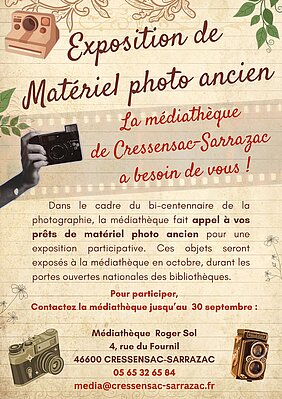 Affiche pour une demande de matériel photo ancien pour une exposition à la médiathèque