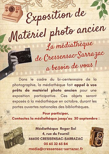 Affiche pour une demande de matériel photo ancien pour une exposition à la médiathèque