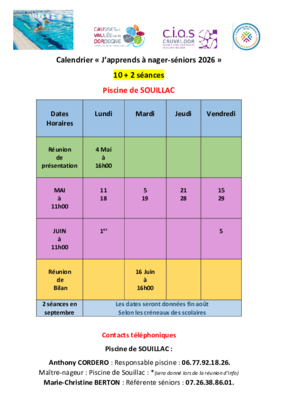 Horaires du dispositif j'aprends à nager séniors