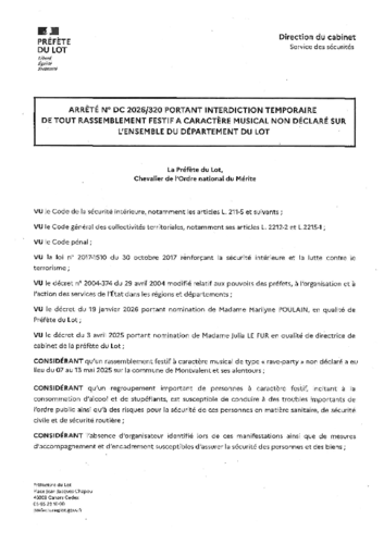 Arrêté préfectoral interdisant toute manifestation festifve à caractère musicale  du 01 10 au 02 11 2026