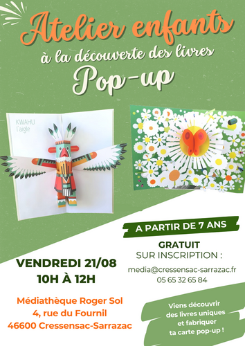 Affiche pour un atelier POP UP pour les enfants à la médiathèque