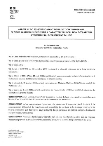 Arrêté préfectoral interdisant les rassemblements festifs au mois de juillet dans le Lot