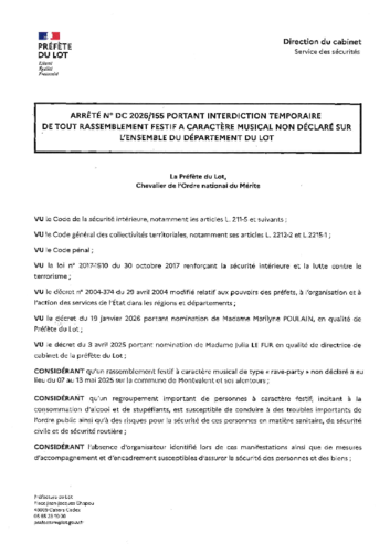 Arrêté préfectoral interdisant les rassemblements festifs du 30 04 au 01 06 2026