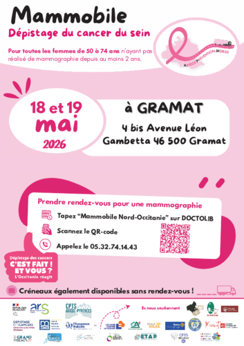 Affiche sur la présence du mammobile à Gramat les 18 et 19 mai 2026