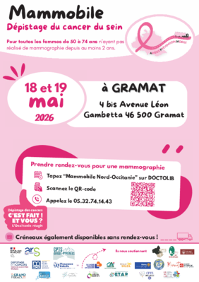 Affiche sur la présence du mammobile à Gramat les 18 et 19 mai 2026