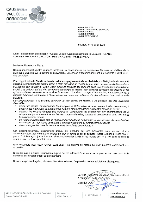 Courrier sur l'accomâgnement des collégiens à Martel