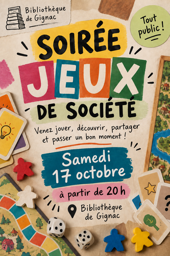 Soirée jeux de société le 17 octobre à partir de 20 heures à la bibliothèque de Gignac