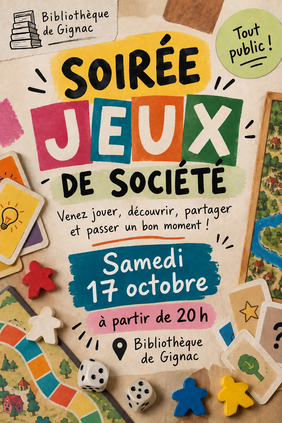 Soirée jeux de société le 17 octobre à partir de 20 heures à la bibliothèque de Gignac
