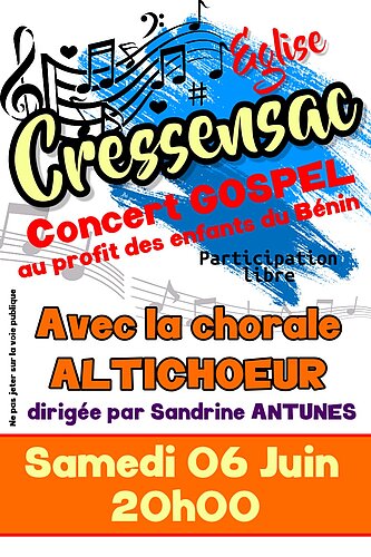 Affiche pour un concert gospel à l'église de Cressensac le 06 06 2026