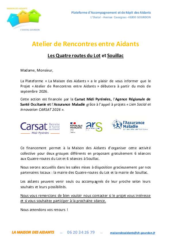Affiche pour des ateliers de rencontres entre aidants