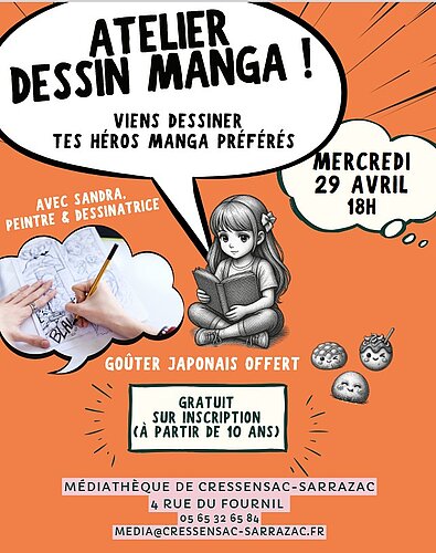 Affiche pour un atelier manga le 29 04 2026 à la médiathèque de Cressensac
