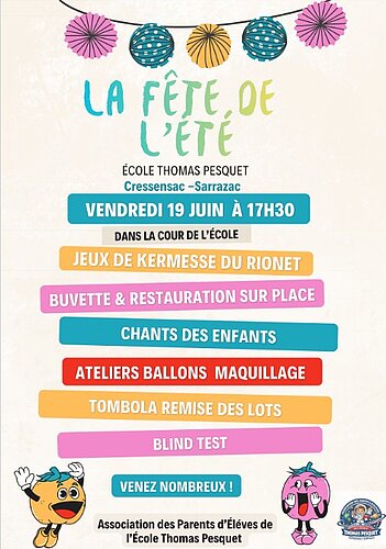 Affiche de la fête de l'été à l'école de Cressensac le 19 juin 2026