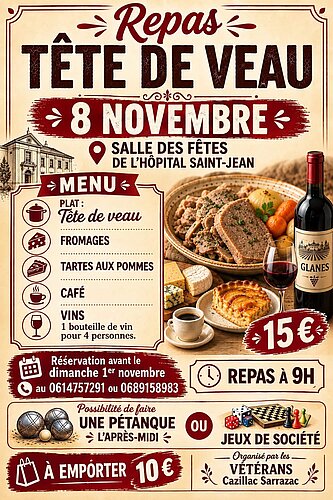 Affiche pour un repas tête de veau le 08 11 2026 à 09 heures à la salle polyvalente de L'Hôpital St-Jean, oraganisé par le football Cazillac Sarrazac.