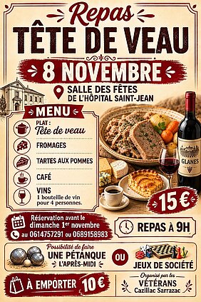 Affiche pour un repas tête de veau le 08 11 2026 à 09 heures à la salle polyvalente de L'Hôpital St-Jean, oraganisé par le football Cazillac Sarrazac.