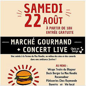 Affiche pour un marché gourmand à la ferme du Mas Roudié à Gignac le 22 août 2026