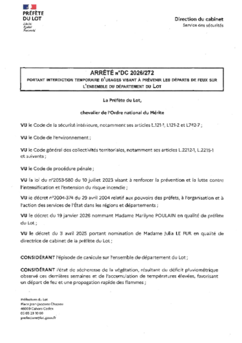 Arrêté préfectoral Interdiction des feux d'artifice du 29 juillet au 18 août 2026