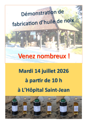 Affiche démonstration d'huile de noix au Moulin d'Antoine le 14 juillet 2026