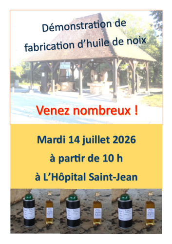 Affiche démonstration d'huile de noix au Moulin d'Antoine le 14 juillet 2026