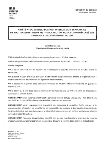 Arrêté préfectoral interdisant les rassemblements festifs au mois d'août dans le Lot