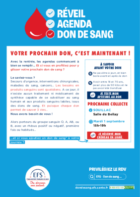 Affiche explicative pour le don du sang à Souillac le 01 septembre 2026