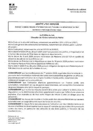Arrêté préfectoral portant diverses mesures d'interdiction du 08 au 16 octobre 2026