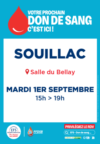 Affiche pour le don du sang à Souillac le 01 septembre 2026