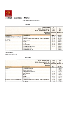 Tableau des horaires du transport scolaire Sarrazac Martel pour la rentrée 2026/2027