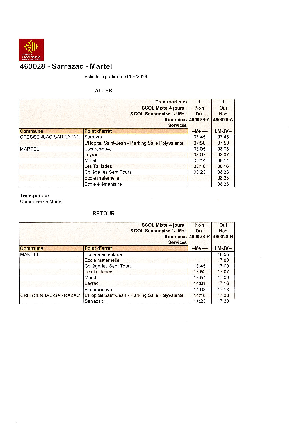 Tableau des horaires du transport scolaire Sarrazac Martel pour la rentrée 2026/2027