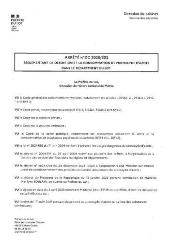 Arrêté d'interdiction du protoxyde d'azote dans le Lot du 21 juin au 06 juillet 2026