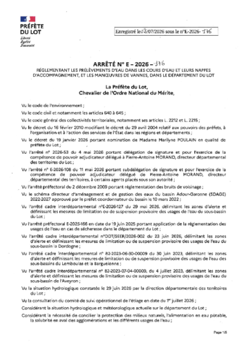 Arrêté préfectoral d'interdiction de prélèvement d'eau dans les rivières du 04/07 au 30/10